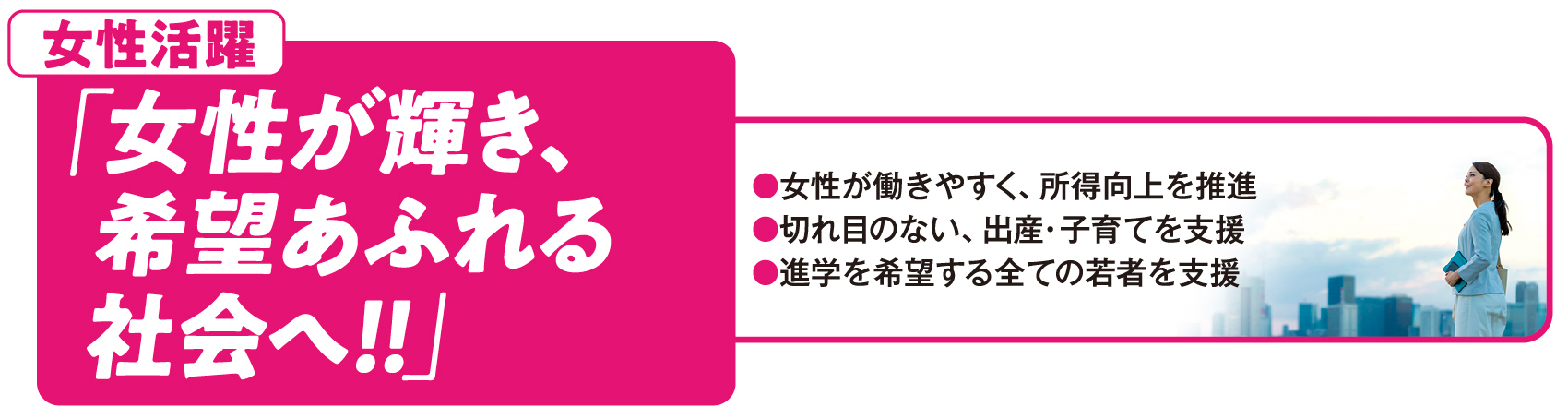 女性活躍：「女性が輝き、希望あふれる社会へ！！」●女性が働きやすく、所得向上を推進 ●切れ目のない、出産・子育てを支援 ●進学を希望する全ての若者を支援